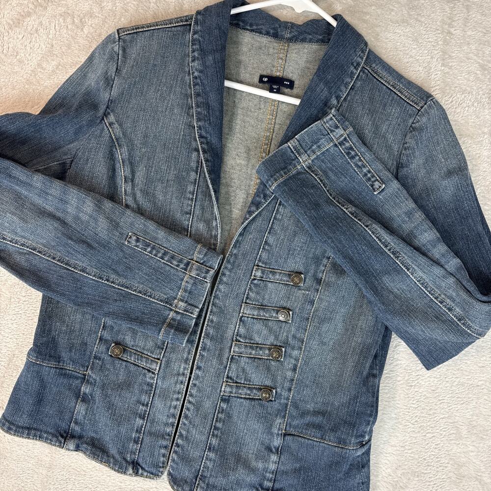 GAP Denim Blazer Military Stretch Preppy Equestrian Jacket Vtg Fitted M